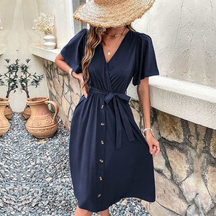 Damen Midi-Kleid mit eleganter Wickeloptik und praktischen Knopfdetails Drune