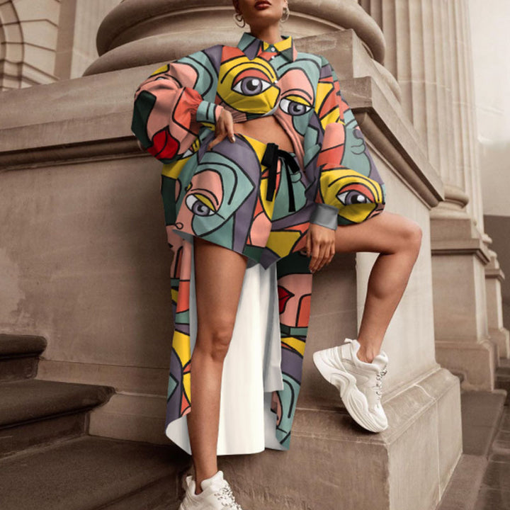 Damen Oversized Hemd mit grafischem Print und kurzer Hosenkombination Drune