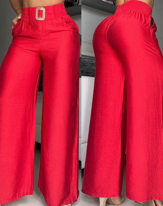 Damen Weite Palazzo-Hose mit hochtailliertem Bund und dekorativem Gürtel Drune