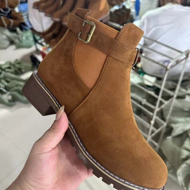 Damen Wildleder-Optik Chelsea-Stiefelette mit dekorativem Schnallenriemen, elastischem Einsatz und grober Profilsohle Drune