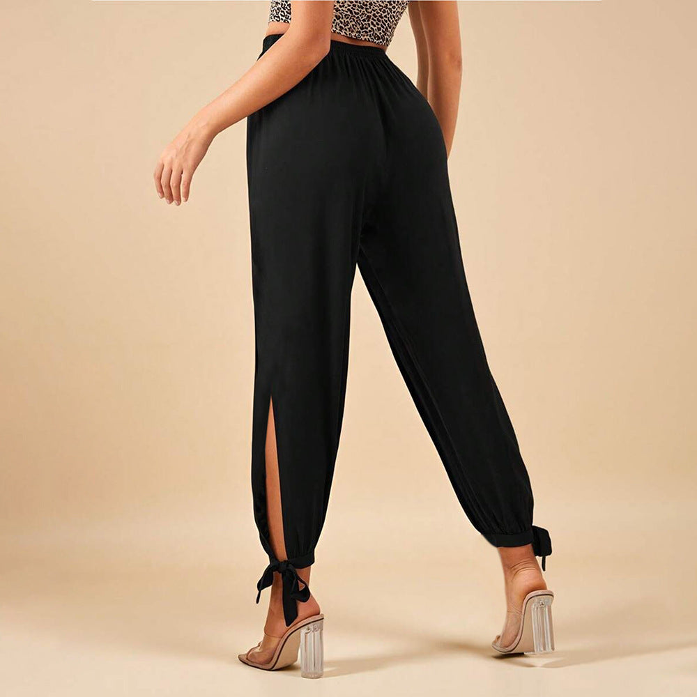Damen elegante Hose mit Seitenschlitzen und Kordelzug Drune