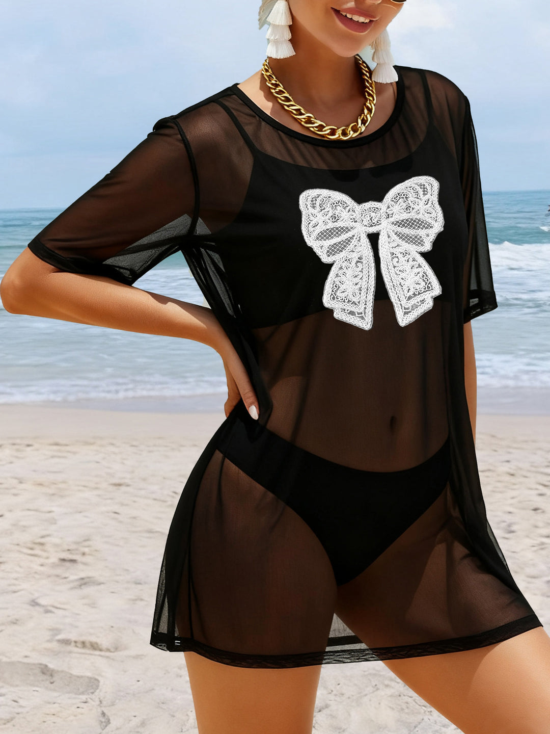Damen transparenter Strandüberwurf mit filigranem Spitzenmuster Drune