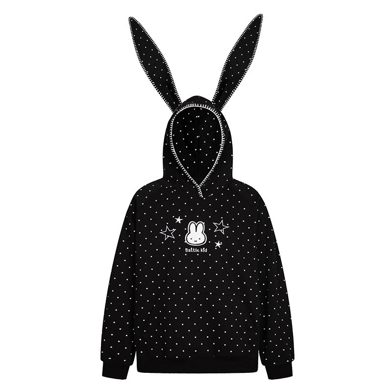 Damen Oversize-Kapuzenpullover mit Hasenohren, gepunktetem Allover und Kängurutasche Drune