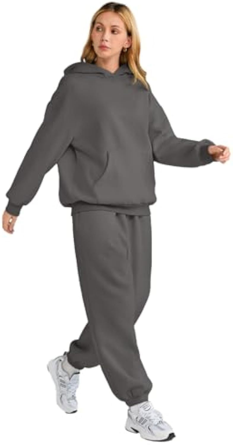Damen Lässiges Hoodie-Jogging-Set aus French Terry mit Oversize-Kapuzenpullover und hochgeschnittener Jogginghose Drune