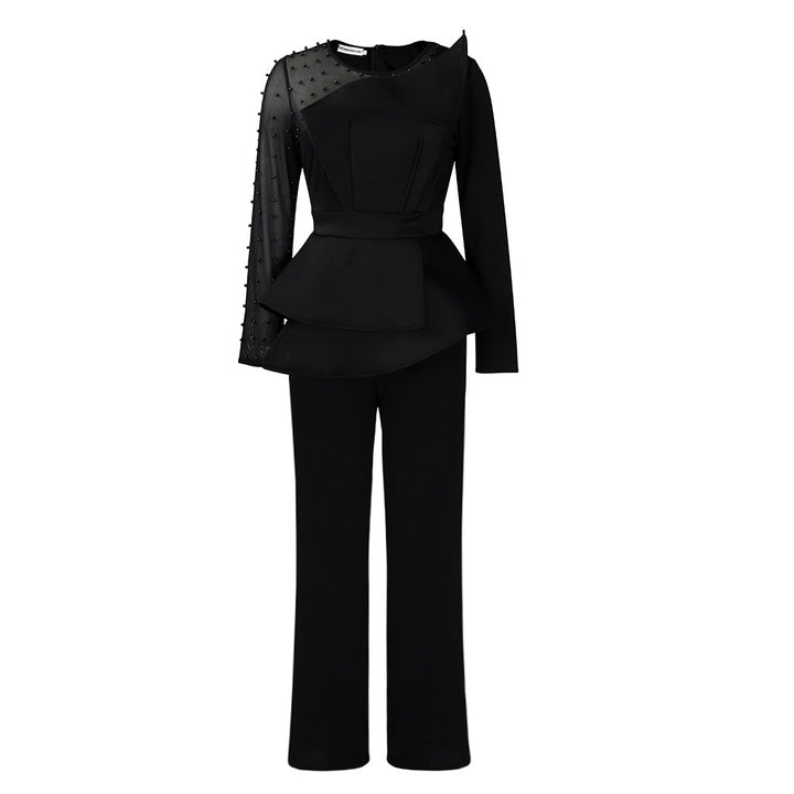 Damen Designer Jumpsuit mit asymmetrischem Schnitt und Perlendetails Drune