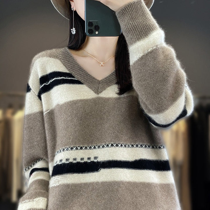 Damen Oversize-Strickpullover mit V‑Ausschnitt und grafischem Streifenmix Drune