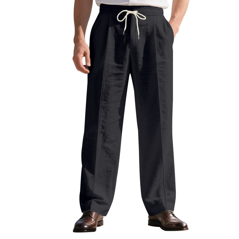 Herren nan legere Leinen-Bundfaltenhose mit elastischem Bund und Kordelzug Drune