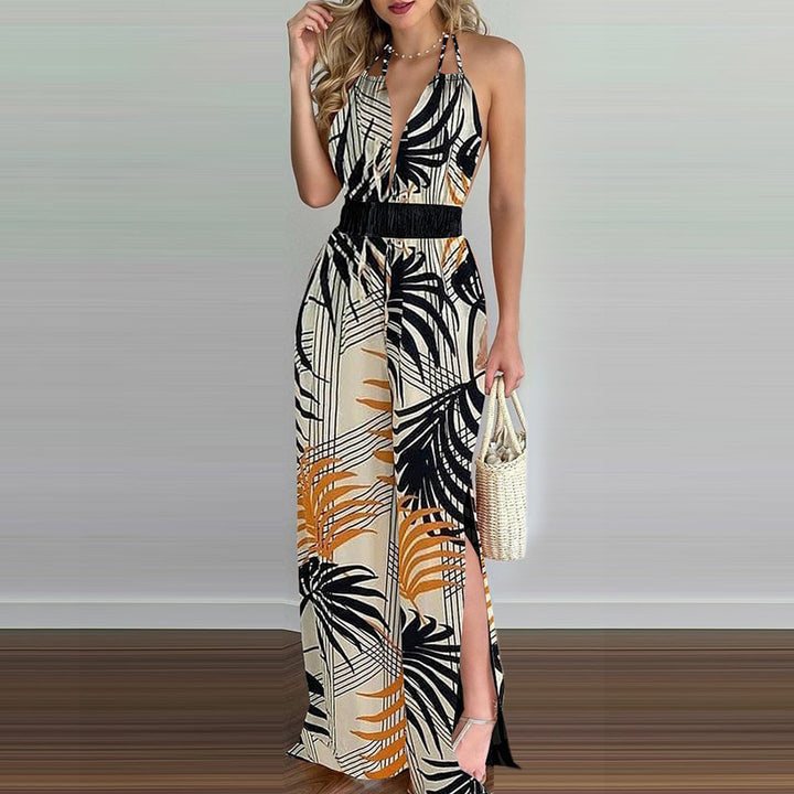 Damen eleganter Jumpsuit mit Spaghettiträgern und hohen Seitenschlitzen Drune