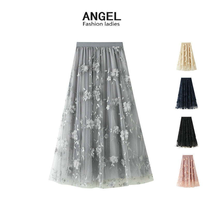 Damen Floral Bestickter Tüll Maxi Rock Drune