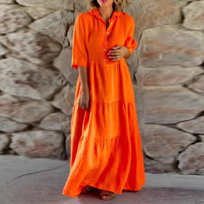 Damen nan langes Hemdblusenkleid mit geraffter Taillennaht, dreiviertelärmeln und stufigem Volantrock Drune