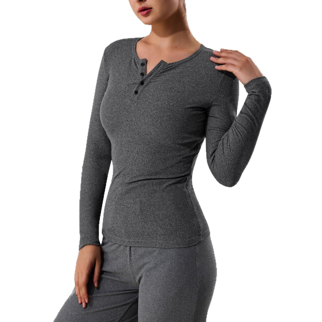 Damen Geripptes Henley-Langarmshirt mit Knopfleiste und figurnahem Schnitt Drune