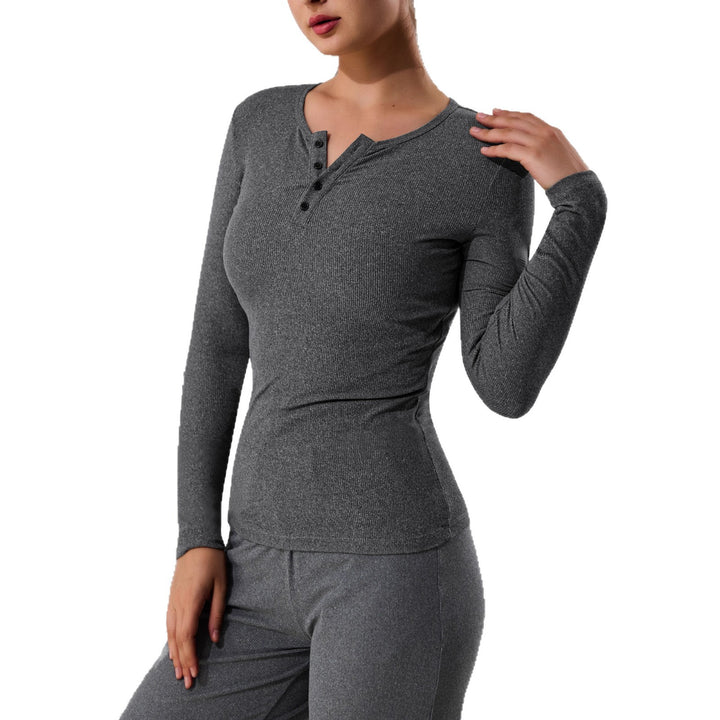 Damen Geripptes Henley-Langarmshirt mit Knopfleiste und figurnahem Schnitt Drune