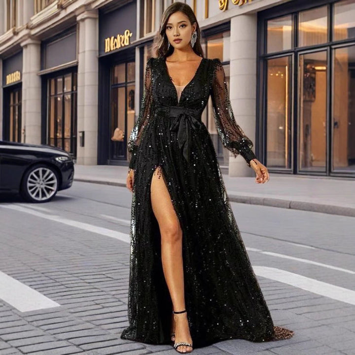 Damen Glamouröses Abendkleid mit schimmernden Pailletten und tiefem Schlitz Drune