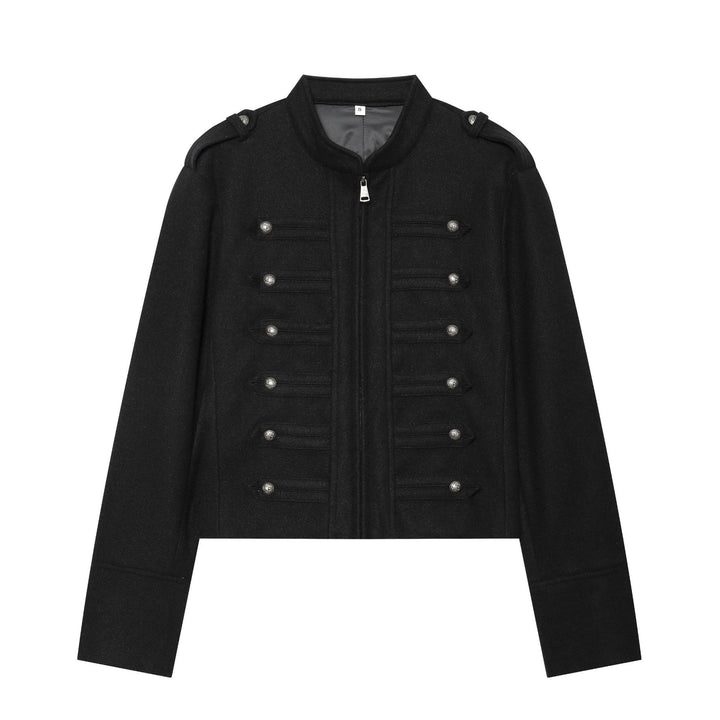 Damen nan militärisch inspirierte Wolljacke mit Stehkragen Zipper und dekorativen Knopfleisten Drune