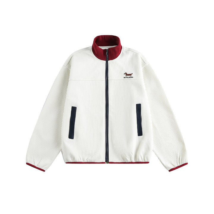 Damen Waffelstruktur Zipjacke im Boxy‑Cut mit Stehkragen und Hundestickerei Drune