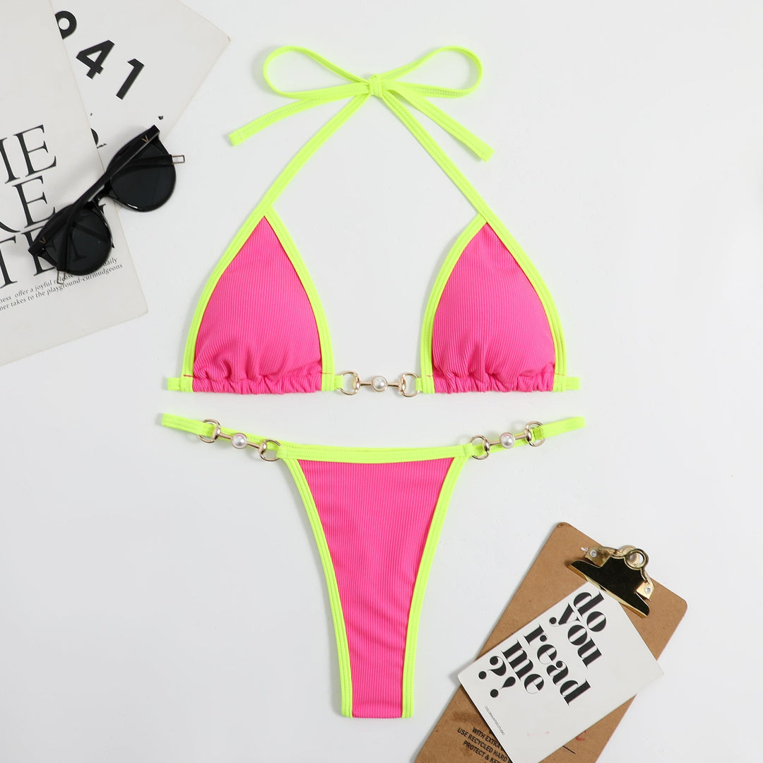 Damen Triangel-Bikini mit modischem Rippdesign und dekorativen Elementen Drune