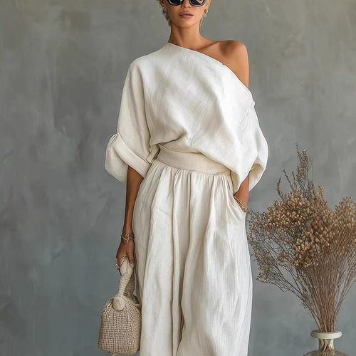 Damen Leinen-Set mit One-Shoulder-Oberteil und weiten Haremshosen Drune
