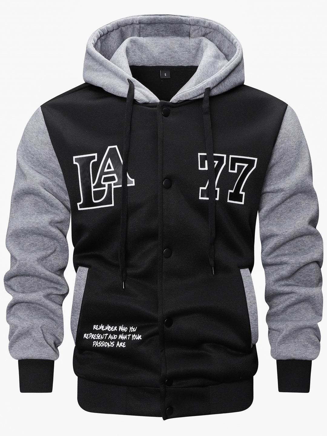 Herren Varsity-Kapuzenjacke im College‑Look mit Druck, Druckknopf‑Front und Kontrastärmeln Drune