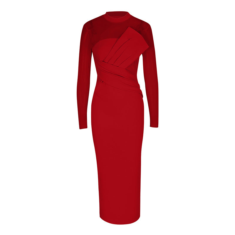 Damen Elegantes Langarm-Midi-Kleid mit raffinierter Drapierung und figurbetonter Silhouette Drune
