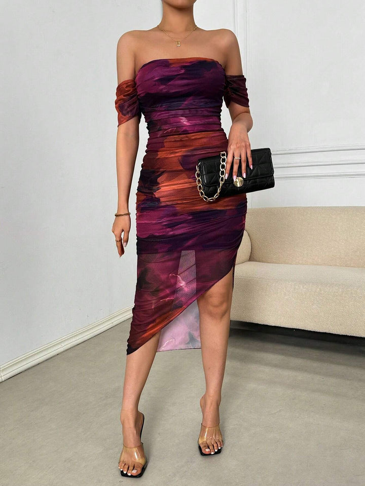 Damen Figurbetontes schulterfreies Maxikleid mit Raffung, Beinschlitz und Aquarell-Print Drune