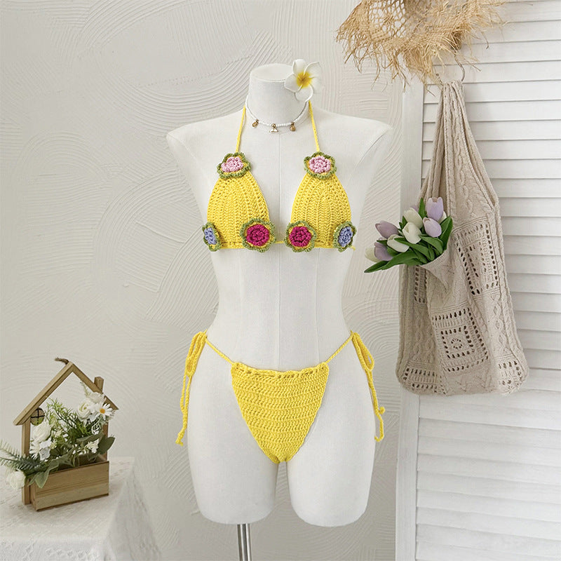 Damen Häkel-Bikini mit verspieltem Blumendesign und verstellbaren Bändern Drune