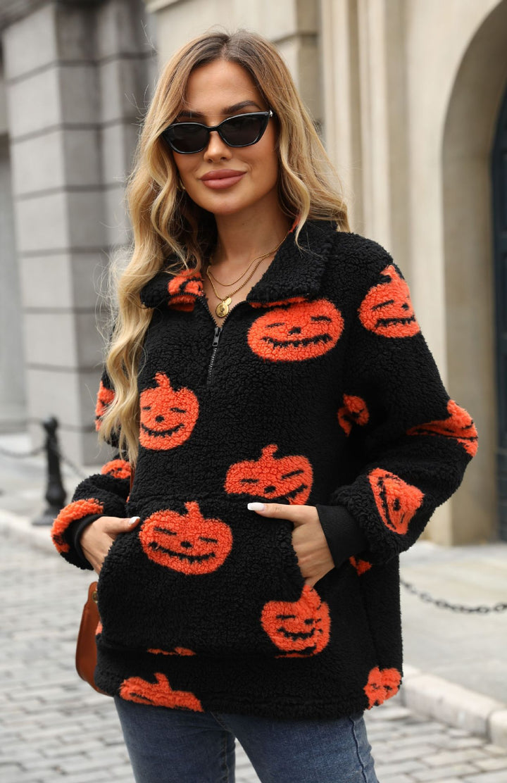 Damen Plüschpullover mit Halloween-Motiv und praktischen Taschen Drune