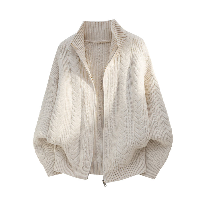 Damen Oversize Strick-Poncho mit Reißverschluss und hohem Rippkragen Drune