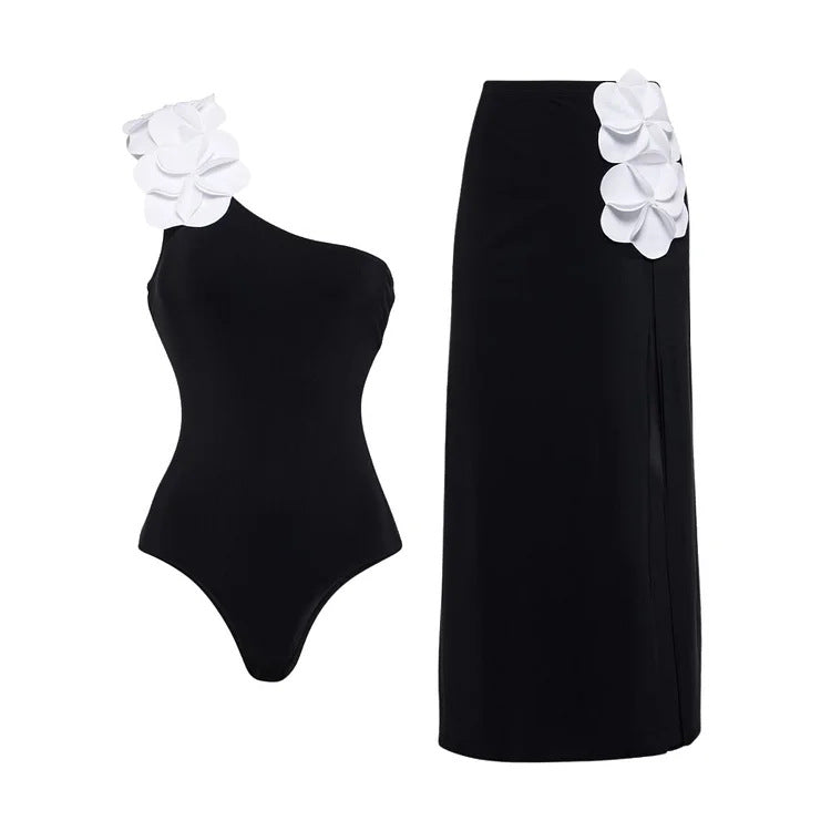 Damen Schwimmanzug mit asymmetrischem Schnitt und floralen Applikationen Drune
