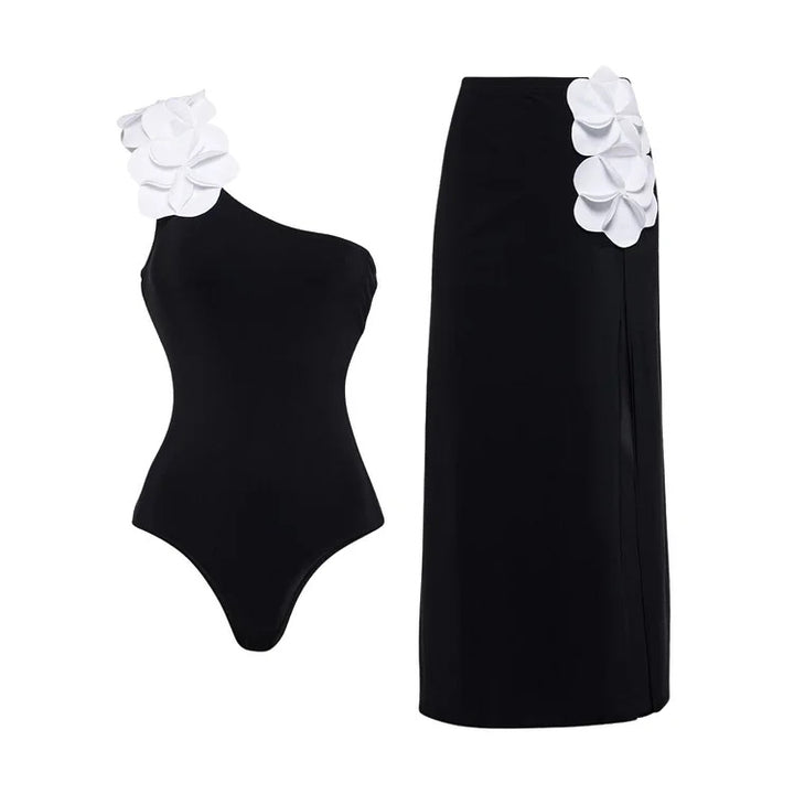 Damen Schwimmanzug mit asymmetrischem Schnitt und floralen Applikationen Drune