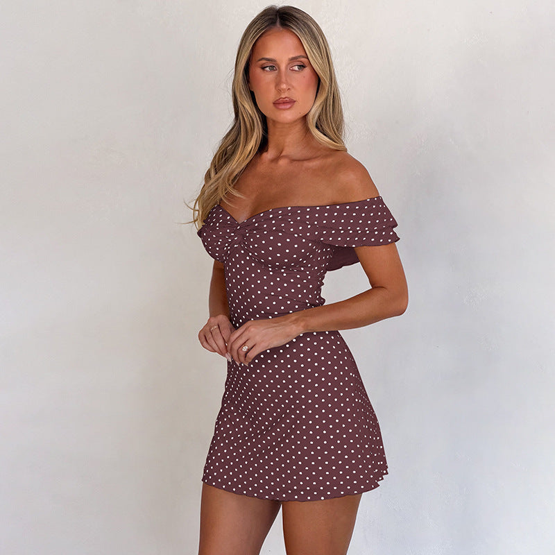 Damen Verspieltes Polka-Dot Cocktailkleid mit Schulterfreiem Design und Rüschendetails Drune