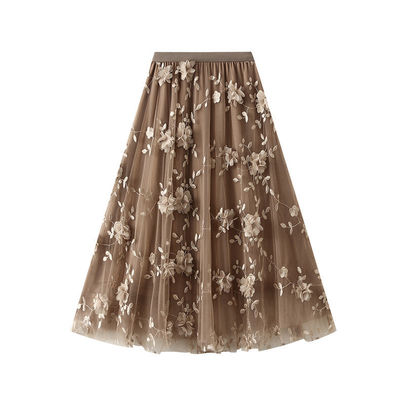 Damen Floral Bestickter Tüll Maxi Rock Drune