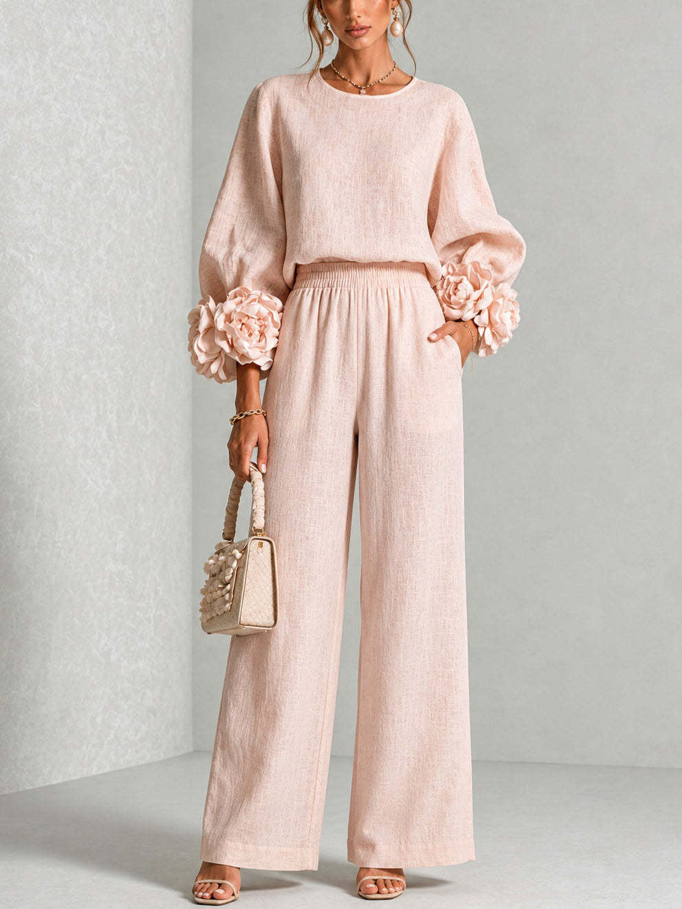 Damen Zweiteiliges Ensemble mit Ballonärmeln und Blumenmanschetten Drune
