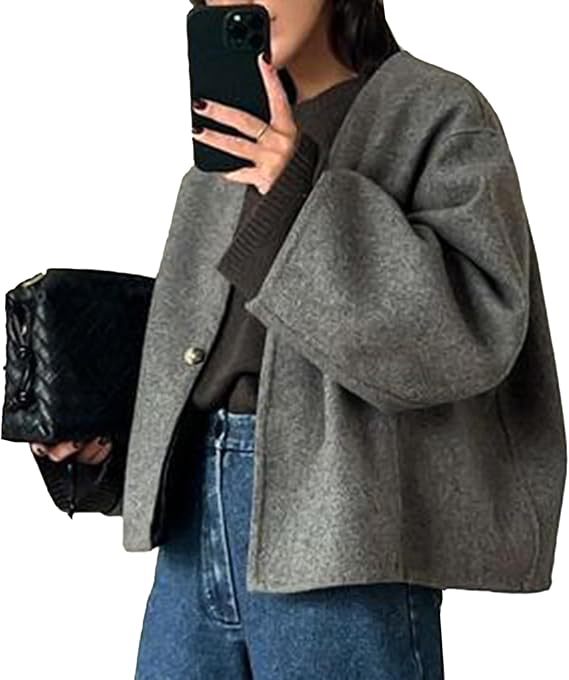 Damen Kurz geschnittene Oversize Wolljacke mit kastigem Schnitt und Ein-Knopf-Verschluss Drune