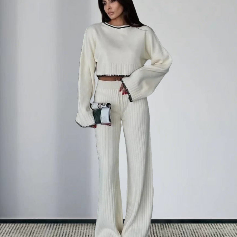 Damen elegantes Strickanzug mit weitem Bein und romantischen Ärmeln Drune