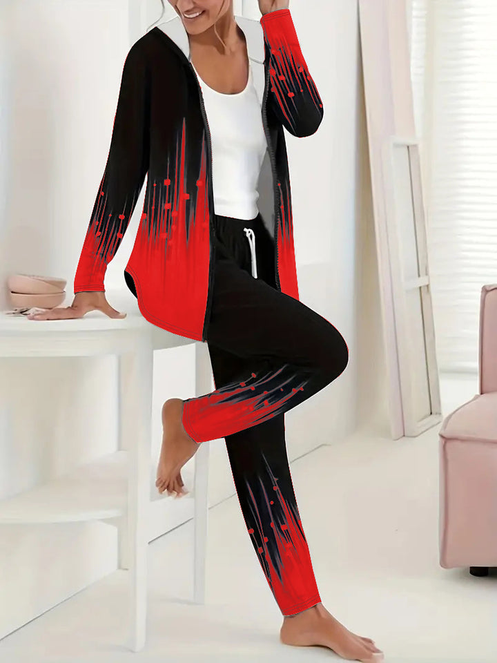 Damen Zweiteiliges Lounge-Set mit Kapuzenjacke und Tunnelzug-Jogginghose mit digitalem Verlaufprint Drune