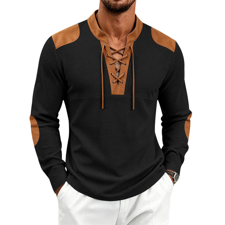 Herren Langarm-Waffelshirt mit Schnürkragen und Kunstlederapplikationen Drune