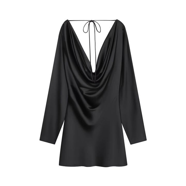 Damen nan satiniertes Minikleid mit tiefem Wasserfallrücken, Kordelbindung und langen Ärmeln Drune