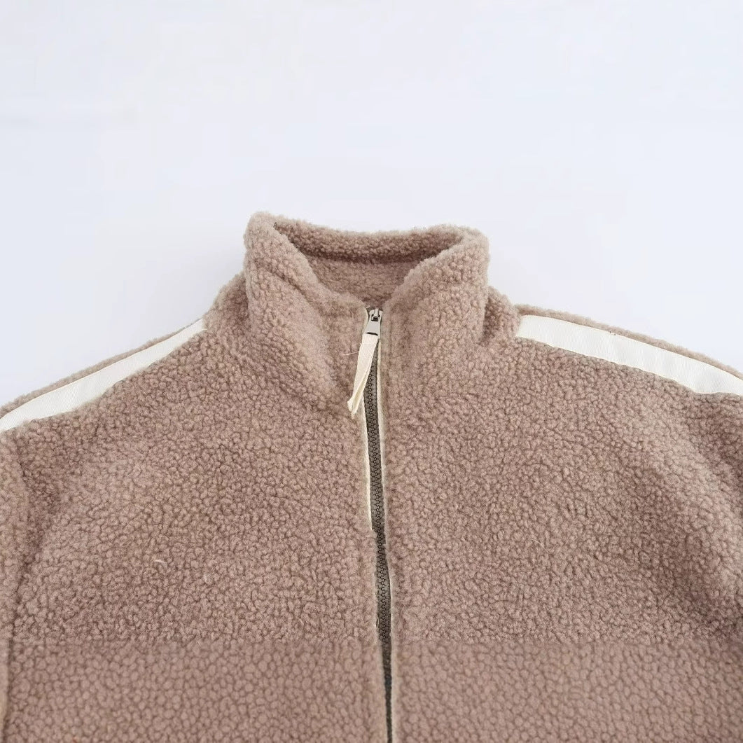 Damen Teddy-Fleece-Jacke mit Stehkragen, Reißverschluss und Kontraststreifen Drune