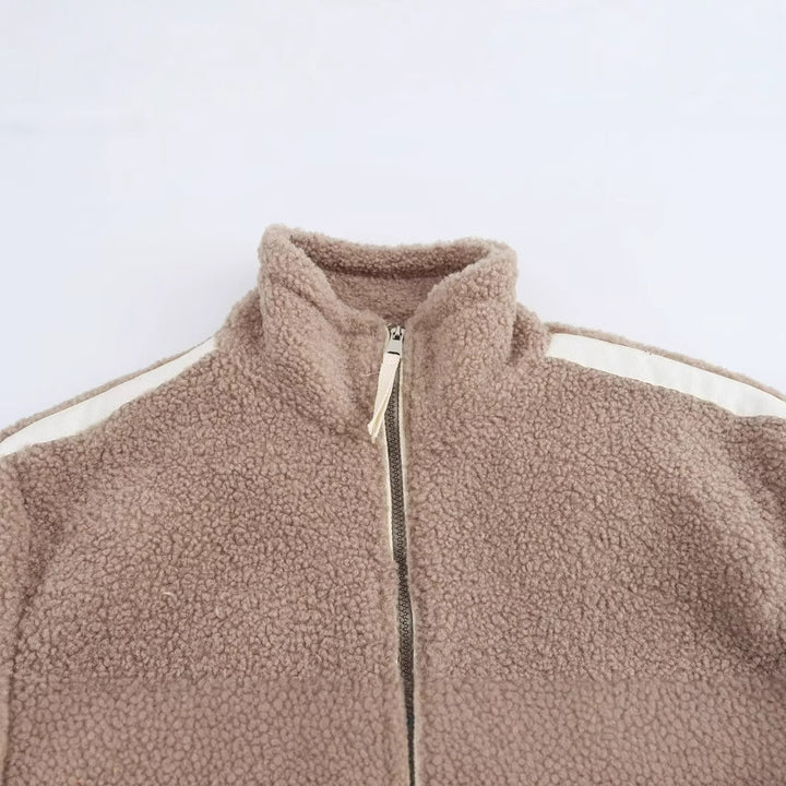 Damen Teddy-Fleece-Jacke mit Stehkragen, Reißverschluss und Kontraststreifen Drune