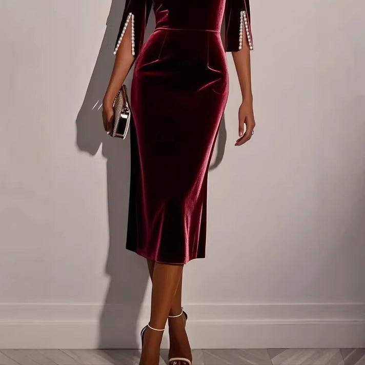 Damen elegantes figurbetontes Samtkleid mit Perlendetails Drune