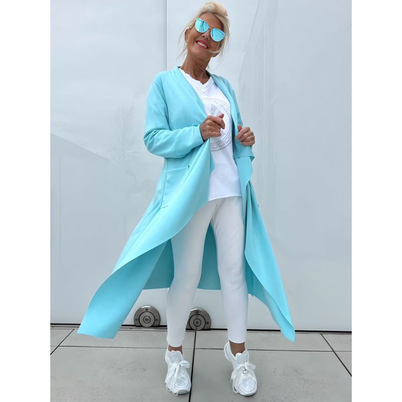 Damen Langer Fließender Longcardigan mit Wasserfall-Saum und Eingrifftaschen Drune