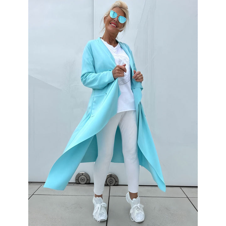 Damen Langer Fließender Longcardigan mit Wasserfall-Saum und Eingrifftaschen Drune