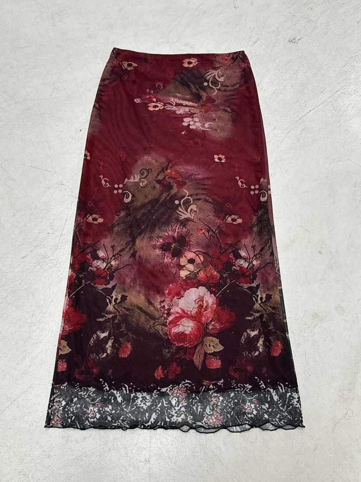 Damen Langes Satin-Chiffon Maxirock mit floralem Aquarellprint Drune