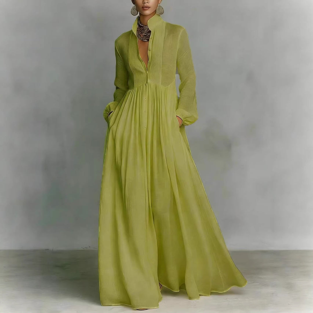 Damen Maxikleid mit Stehkragen, Knopfleiste und seitlichen Taschen Drune