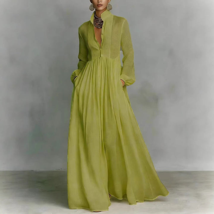Damen Maxikleid mit Stehkragen, Knopfleiste und seitlichen Taschen Drune