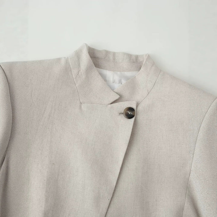 Damen Leichte Leinenoptik Kurzjacke mit Stehkragen und asymmetrischem einknöpfigem Verschluss Drune
