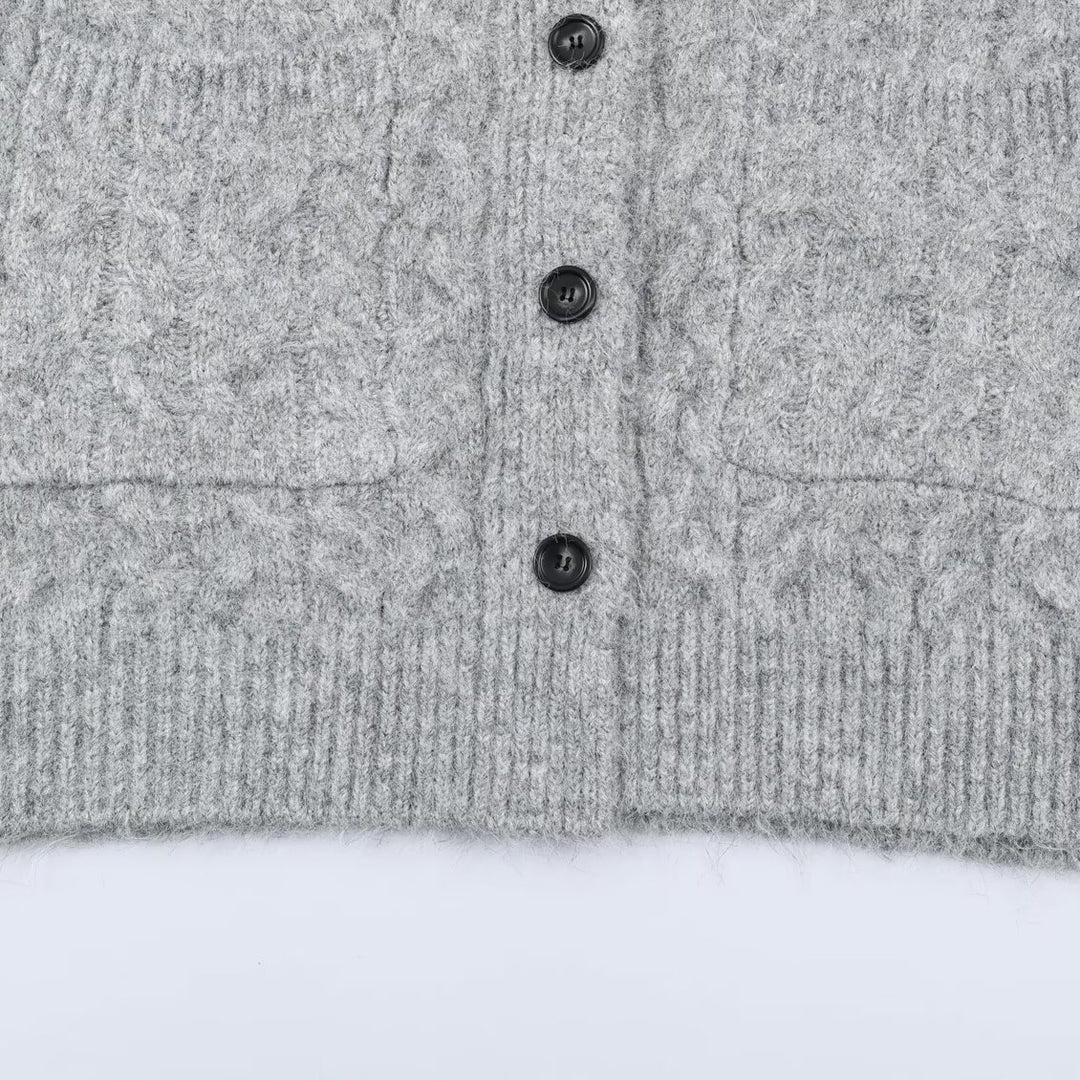 Damen Langgestrickter Kapuzen-Cardigan mit Zopfmuster und Knopfleiste Drune