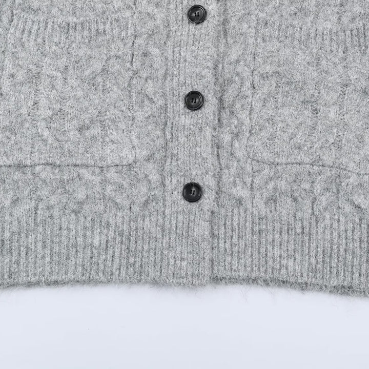 Damen Langgestrickter Kapuzen-Cardigan mit Zopfmuster und Knopfleiste Drune