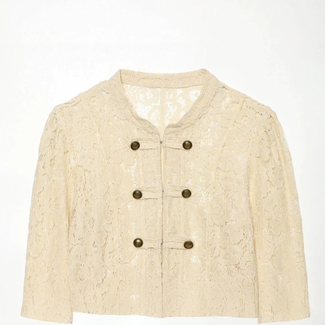 Damen Kurze Spitzenjacke im militärisch inspirierten Stil mit Stehkragen und Zierknopfleiste Drune