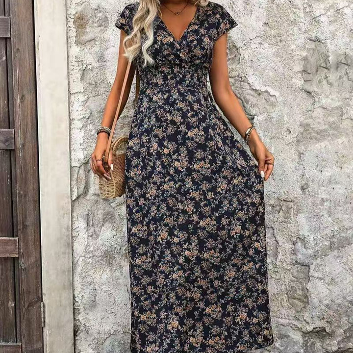 Damen Maxikleid mit Rüschendetails und elegantem V-Ausschnitt Drune